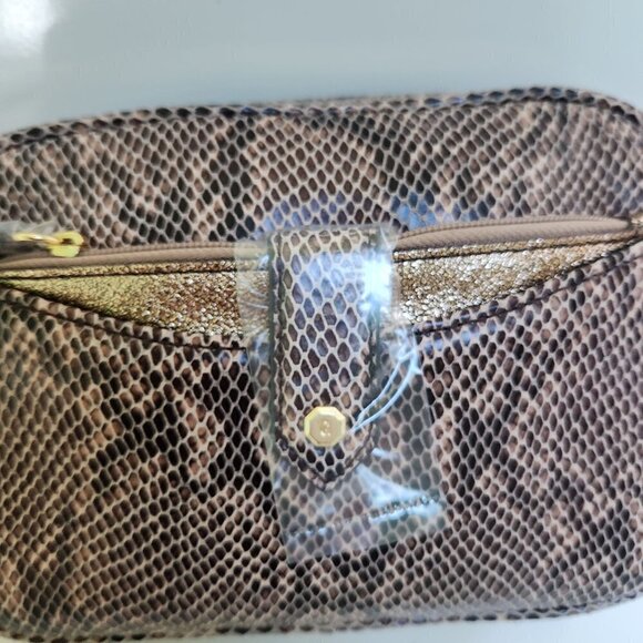 G.I.L.I. NIB Leather Snakeskin Embossed Gold Metallic Trim 2 Piece Crossbody Bag - Picture 3 of 8